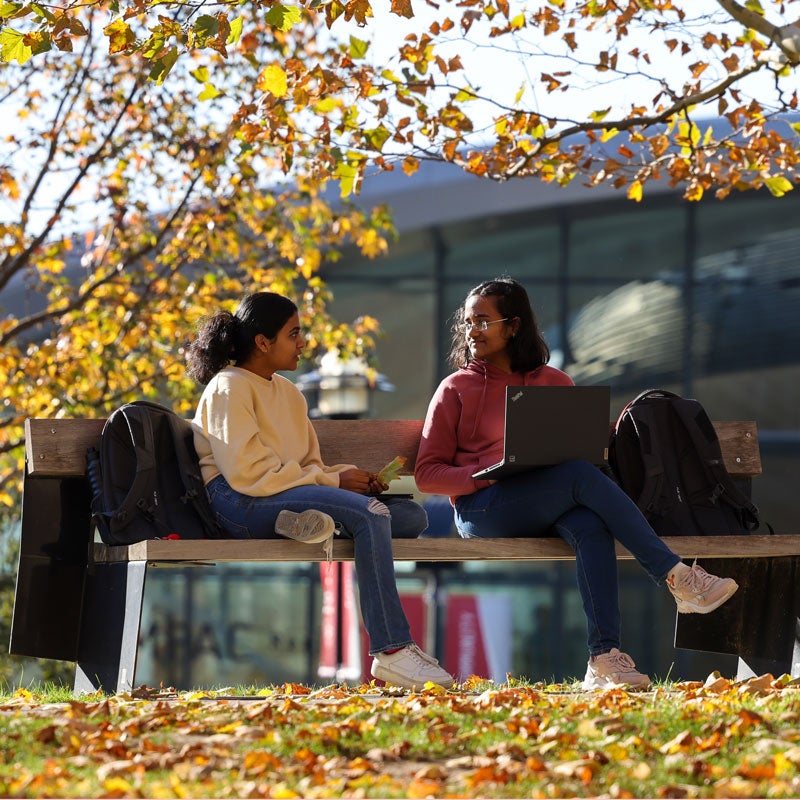 Two students sit on a bench outside on a beautiful Fall day.